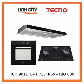 Tecno TCH 9011TL SS 90cm Stainless Steel Ultra Slim Hood   T 733 TRSV Toughened Glass Hob   TBO 630 Built-In Oven
