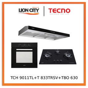 Tecno TCH 9011TL SS 90cm Stainless Steel Ultra Slim Hood   T 833 TRSV Toughened Glass Hob   TBO 630 Built-In Oven