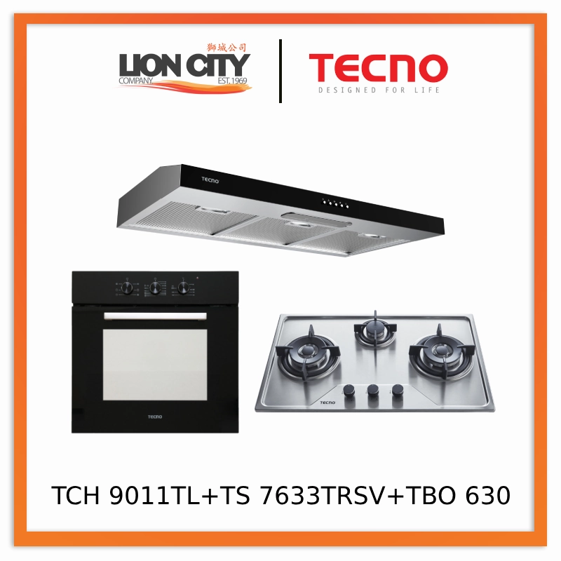Tecno TCH 9011TL SS 90cm Stainless Steel Ultra Slim Hood   TS 7633 TRSV Stainless Steel Gas Hob   TBO 630 Built-In Oven