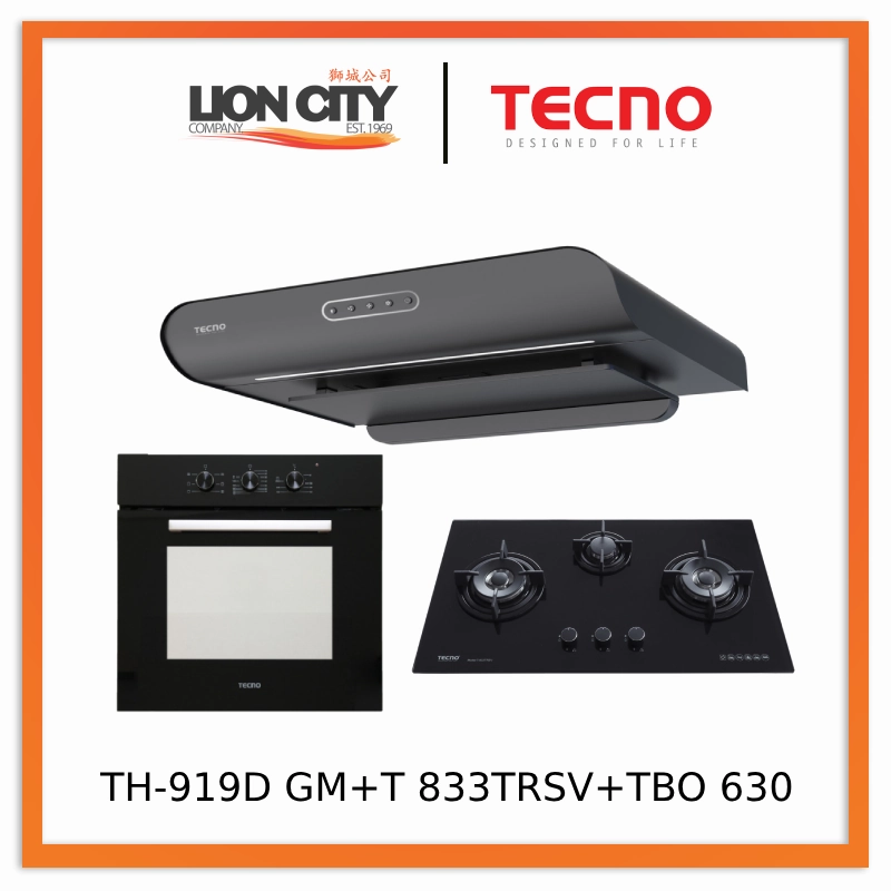 Tecno TH-919D GM 90cm Round Profile Cassette Slim Hood   T-833 TRSV Toughened Glass Hob   TBO 630 Built-In Oven