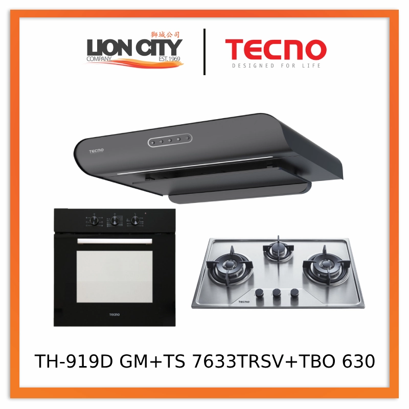 Tecno TH-919D GM 90cm Round Profile Cassette Slim Hood   TS 7633 TRSV Stainless Steel Gas Hob   TBO 630 Built-In Oven