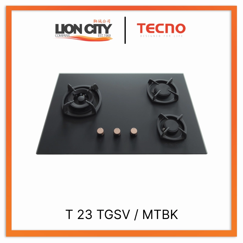 Tecno Uno T 23 TGSV  Toughened Glass Hob (SCHOTT)  75cm, V.V.S, INFERNO* (Big Burner) 3 Burners (1x Big, 1x Medium, 1x Small)
