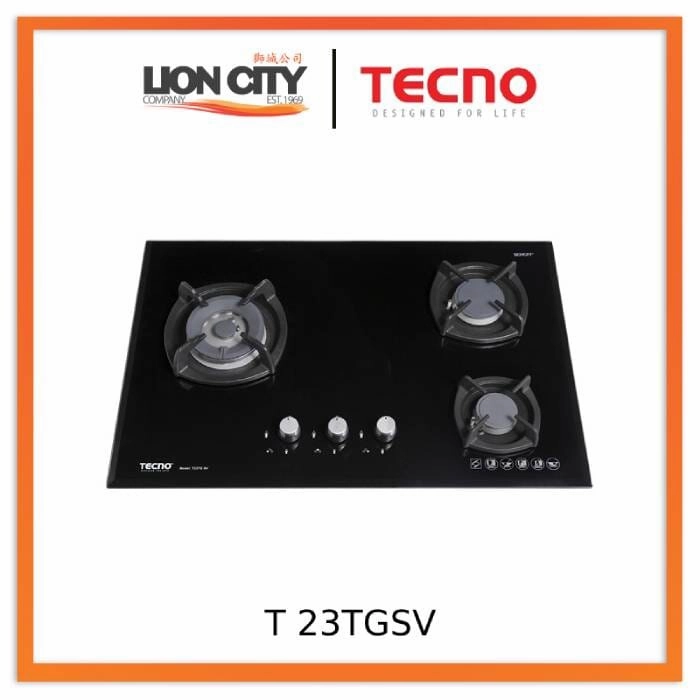 Tecno Uno T 23 TGSV  Toughened Glass Hob (SCHOTT)  75cm, V.V.S, INFERNO* (Big Burner) 3 Burners (1x Big, 1x Medium, 1x Small)