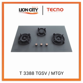 Tecno Uno T 3388 TGSV / MTGY Toughened Glass Hob (SCHOTT) Matte Grey 88cm, V.V.S, INFERNO*  3 Burner (2x Big, 1x Medium)