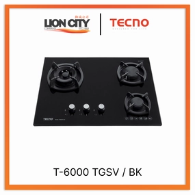Tecno Uno T-6000 TGSV / BK Toughened Glass Hob (SCHOTT) Black 65cm, V.V.S, INFERNO* (Big Burner) 3 Burner (1x Big, 1x Medium, 1x Small)