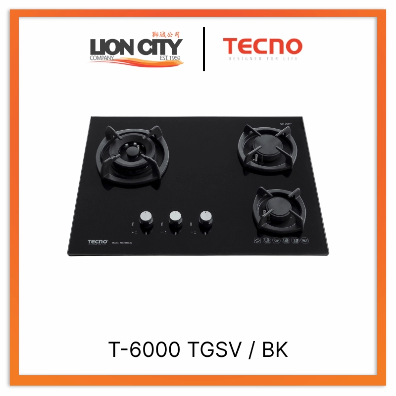 Tecno Uno T-6000 TGSV / BK Toughened Glass Hob (SCHOTT) Black 65cm, V.V.S, INFERNO* (Big Burner) 3 Burner (1x Big, 1x Medium, 1x Small)