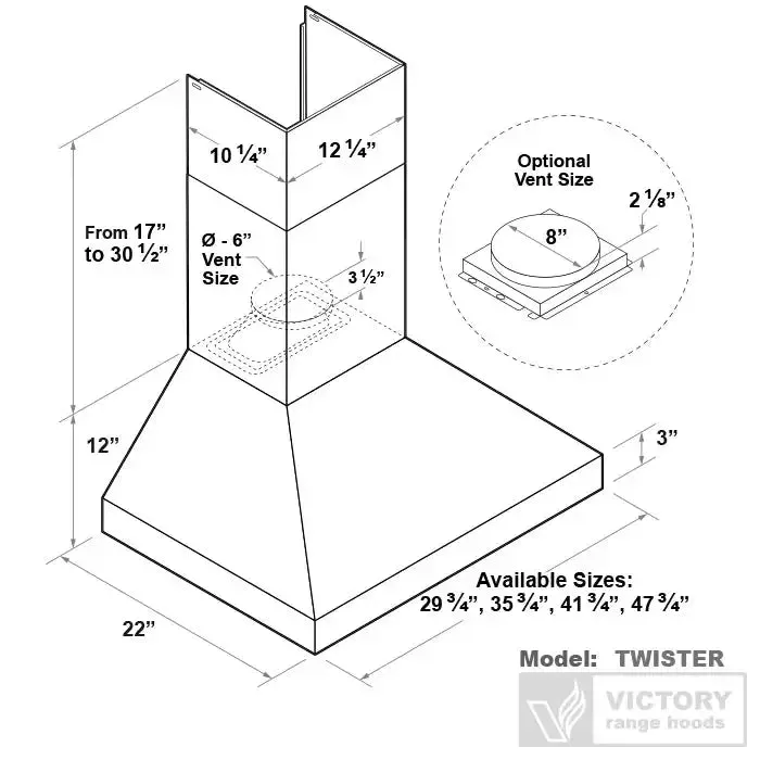 VICTORY Twister 750 CFM Wall Mount Range Hood in Stainless Steel