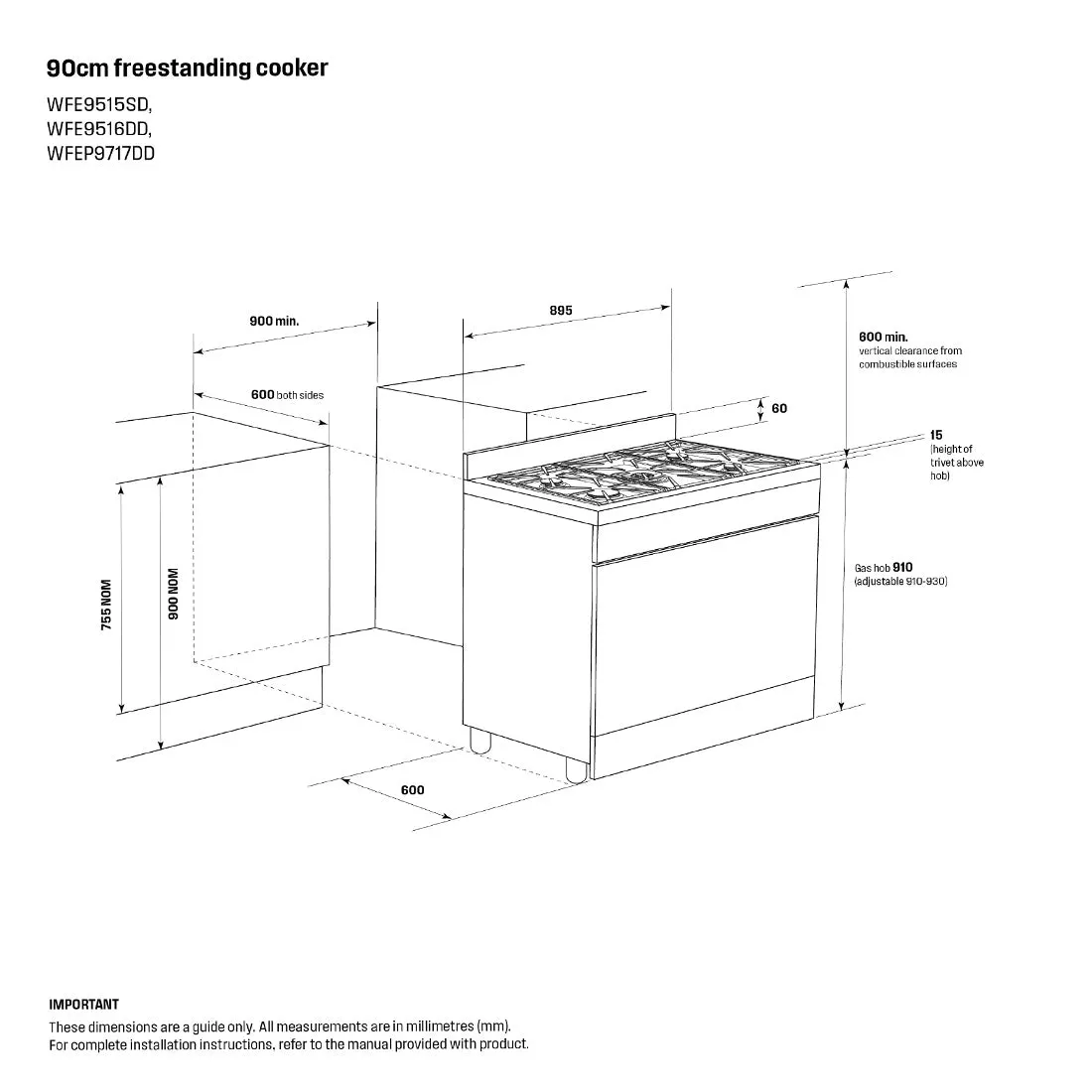 Westinghouse 90cm Dual Fuel Pyrolytic Freestanding Oven with AirFry Dark Stainless Steel