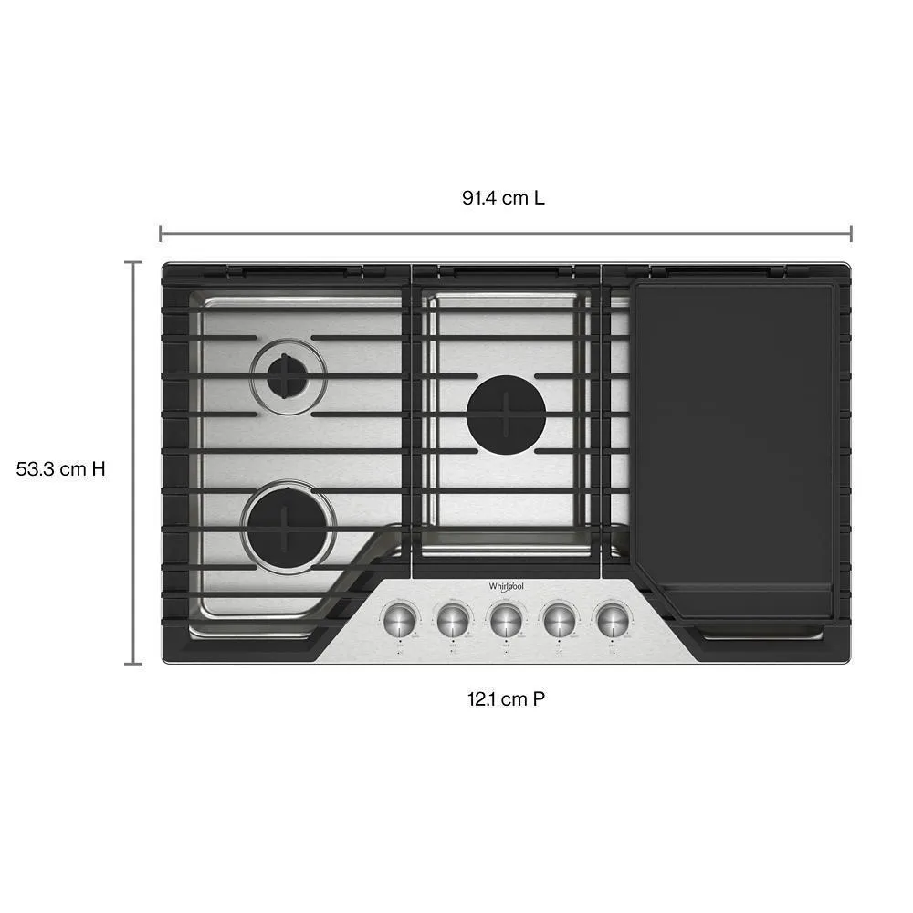 Whirlpool WCGK7536PS 36-Inch Gas Cooktop With 2-In-1 Hinged Grate To Griddle