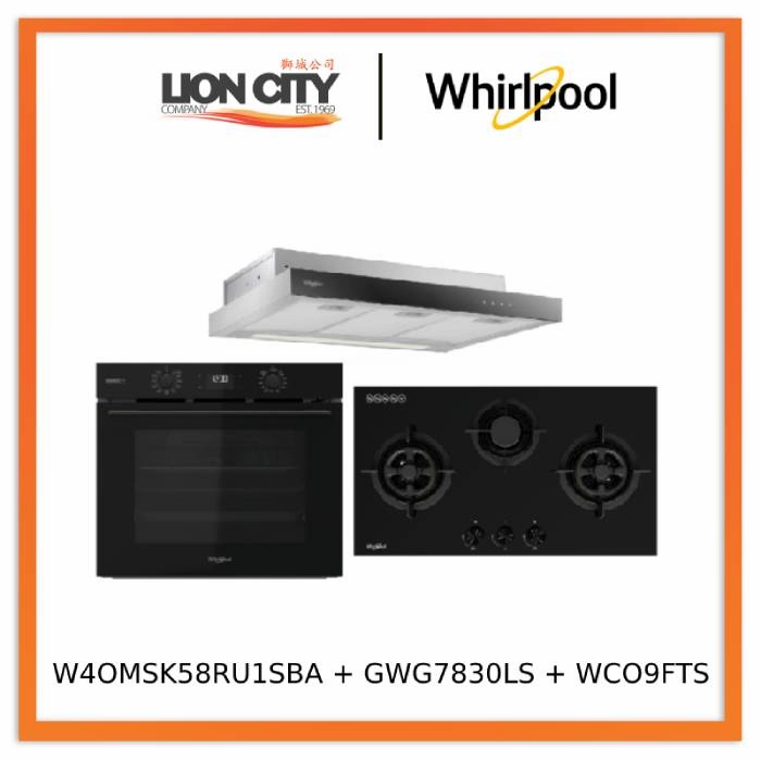 Whirlpools W4OMSK58RU1SBA 60cm W COLLECTION Multifunction Oven with Gentle Steam Function   Whirlpools GWG7830LS 78cm 3-Burners Gas Hob (LPG)   Whirlpools WCO9FTS 90cm Compact Hood