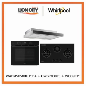 Whirlpools W4OMSK58RU1SBA 60cm W COLLECTION Multifunction Oven with Gentle Steam Function   Whirlpools GWG7830LS 78cm 3-Burners Gas Hob (LPG)   Whirlpools WCO9FTS 90cm Compact Hood