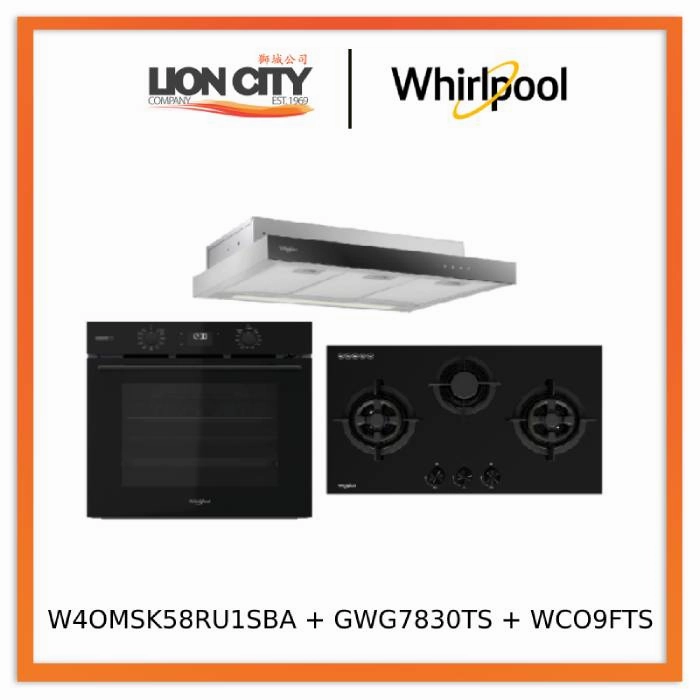 Whirlpools W4OMSK58RU1SBA 60cm W COLLECTION Multifunction Oven with Gentle Steam Function   Whirlpools GWG7830TS 78cm 3-Burners Gas Hob (Town Gas)   Whirlpools WCO9FTS 90cm Compact Hood
