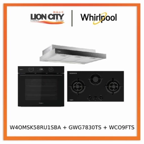 Whirlpools W4OMSK58RU1SBA 60cm W COLLECTION Multifunction Oven with Gentle Steam Function   Whirlpools GWG7830TS 78cm 3-Burners Gas Hob (Town Gas)   Whirlpools WCO9FTS 90cm Compact Hood