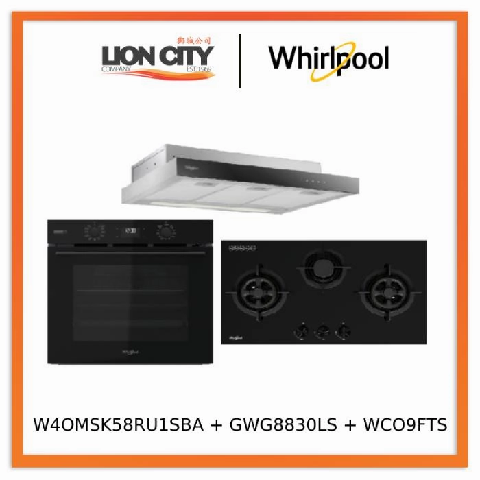 Whirlpools W4OMSK58RU1SBA 60cm W COLLECTION Multifunction Oven with Gentle Steam Function   Whirlpools GWG8830LS 88cm 3-Burners Gas Hob (LPG)   Whirlpools WCO9FTS 90cm Compact Hood