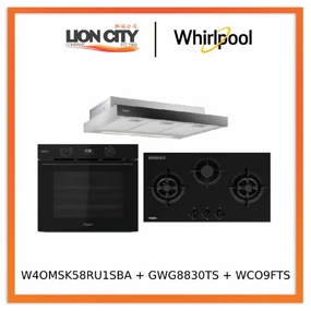 Whirlpools W4OMSK58RU1SBA 60cm W COLLECTION Multifunction Oven with Gentle Steam Function   Whirlpools GWG8830TS 88cm 3-Burners Gas Hob (Town Gas)   Whirlpools WCO9FTS 90cm Compact Hood