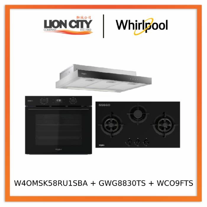 Whirlpools W4OMSK58RU1SBA 60cm W COLLECTION Multifunction Oven with Gentle Steam Function   Whirlpools GWG8830TS 88cm 3-Burners Gas Hob (Town Gas)   Whirlpools WCO9FTS 90cm Compact Hood