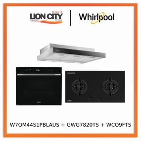 Whirlpools W7OM44S1PBLAUS 60cm 6TH SENSE Pyrolytic Oven   Whirlpools GWG7820TS 78cm 2-Burners Gas Hob (Town Gas)    Whirlpools WCO9FTS 90cm Compact Hood