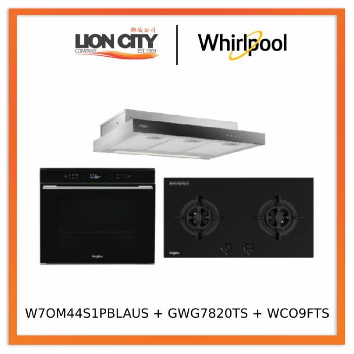 Whirlpools W7OM44S1PBLAUS 60cm 6TH SENSE Pyrolytic Oven   Whirlpools GWG7820TS 78cm 2-Burners Gas Hob (Town Gas)    Whirlpools WCO9FTS 90cm Compact Hood