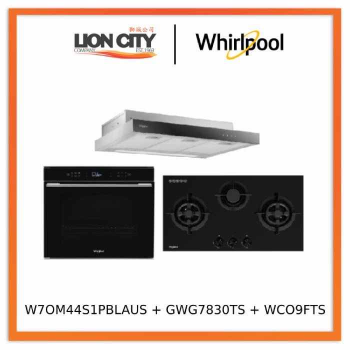 Whirlpools W7OM44S1PBLAUS 60cm 6TH SENSE Pyrolytic Oven   Whirlpools GWG7830TS 78cm 3-Burners Gas Hob (Town Gas)    Whirlpools WCO9FTS 90cm Compact Hood