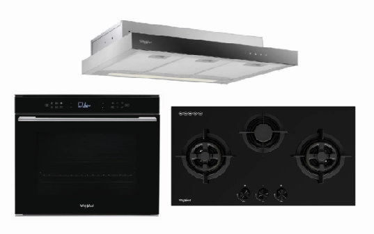 Whirlpools W7OM44S1PBLAUS 60cm 6TH SENSE Pyrolytic Oven   Whirlpools GWG7830TS 78cm 3-Burners Gas Hob (Town Gas)    Whirlpools WCO9FTS 90cm Compact Hood