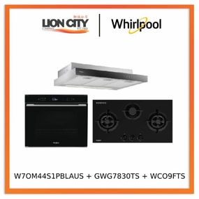 Whirlpools W7OM44S1PBLAUS 60cm 6TH SENSE Pyrolytic Oven   Whirlpools GWG7830TS 78cm 3-Burners Gas Hob (Town Gas)    Whirlpools WCO9FTS 90cm Compact Hood