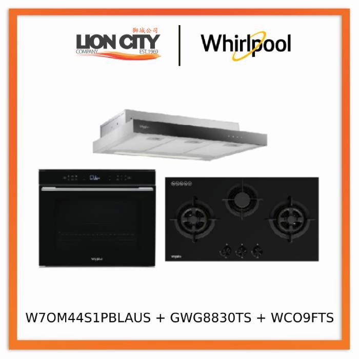 Whirlpools W7OM44S1PBLAUS 60cm 6TH SENSE Pyrolytic Oven   Whirlpools GWG8830TS 88cm 3-Burners Gas Hob (Town Gas)   Whirlpools WCO9FTS 90cm Compact Hood
