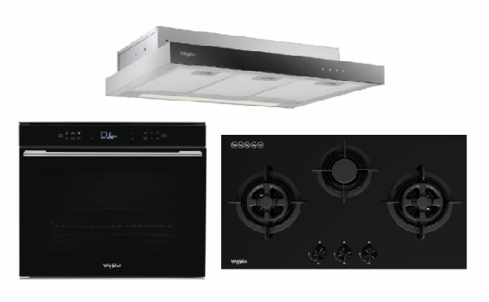 Whirlpools W7OM44S1PBLAUS 60cm 6TH SENSE Pyrolytic Oven   Whirlpools GWG8830TS 88cm 3-Burners Gas Hob (Town Gas)   Whirlpools WCO9FTS 90cm Compact Hood