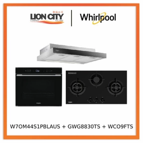 Whirlpools W7OM44S1PBLAUS 60cm 6TH SENSE Pyrolytic Oven   Whirlpools GWG8830TS 88cm 3-Burners Gas Hob (Town Gas)   Whirlpools WCO9FTS 90cm Compact Hood