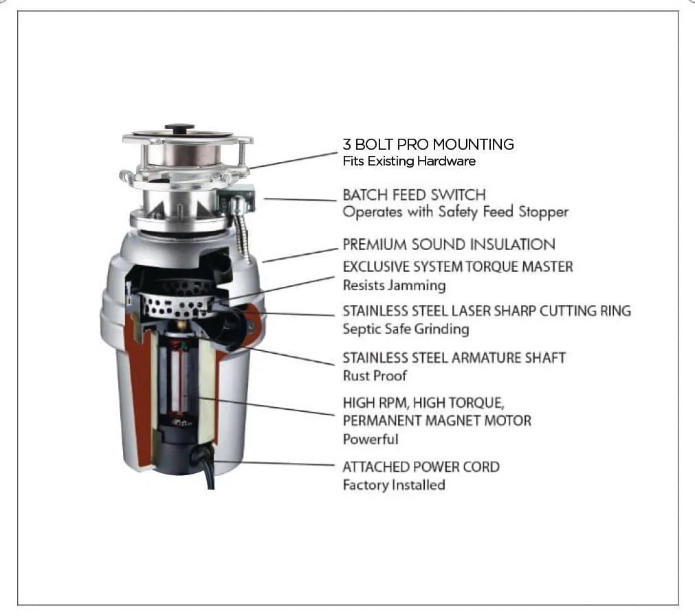 Xo Appliance XOD1PROBF 1 Hp Pro 3 Bolt Mount, Batch Feed Disposal