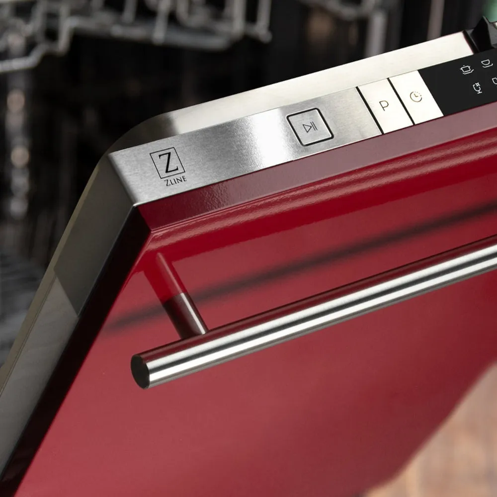 ZLINE 24 in. Red Gloss Top Control Built-In Dishwasher with Stainless Steel Tub and Modern Style Handle, 52dBa (DW-RG-H-24)