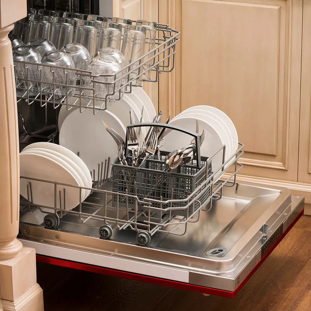 ZLINE 24 in. Red Gloss Top Control Built-In Dishwasher with Stainless Steel Tub and Modern Style Handle, 52dBa (DW-RG-H-24)