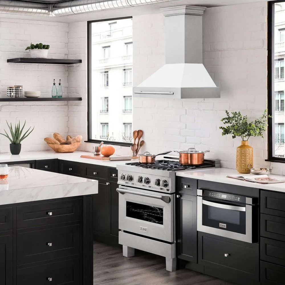 ZLINE 30 in. Satin Stainless Steel Wall Mount Range Hood with Colored Shell and Stainless Steel Handle (8654SNX-30)