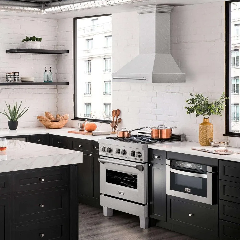 ZLINE 30 in. Satin Stainless Steel Wall Mount Range Hood with Colored Shell and Stainless Steel Handle (8654SNX-30)