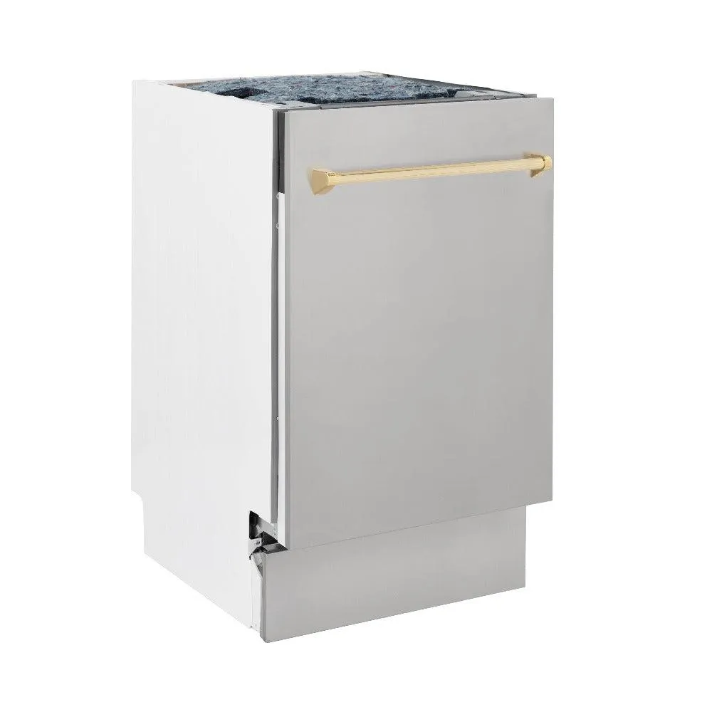 ZLINE Autograph Edition 18 in. Tallac Series 3rd Rack Top Control Built-In Dishwasher in Stainless Steel with Polished Gold Handle, 51dBa (DWVZ-304-18-G)