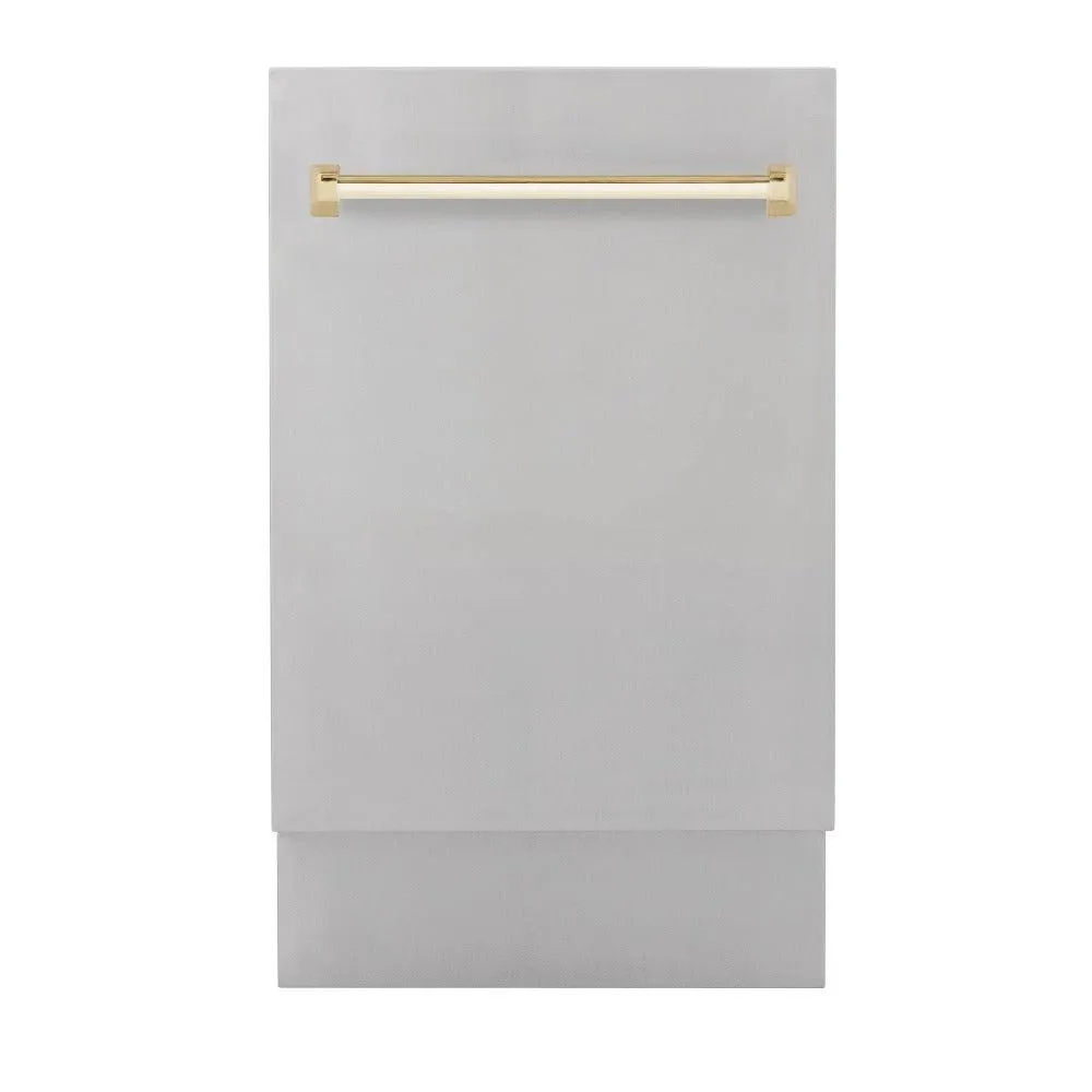 ZLINE Autograph Edition 18 in. Tallac Series 3rd Rack Top Control Built-In Dishwasher in Stainless Steel with Polished Gold Handle, 51dBa (DWVZ-304-18-G)