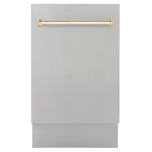 ZLINE Autograph Edition 18 in. Tallac Series 3rd Rack Top Control Built-In Dishwasher in Stainless Steel with Polished Gold Handle, 51dBa (DWVZ-304-18-G)