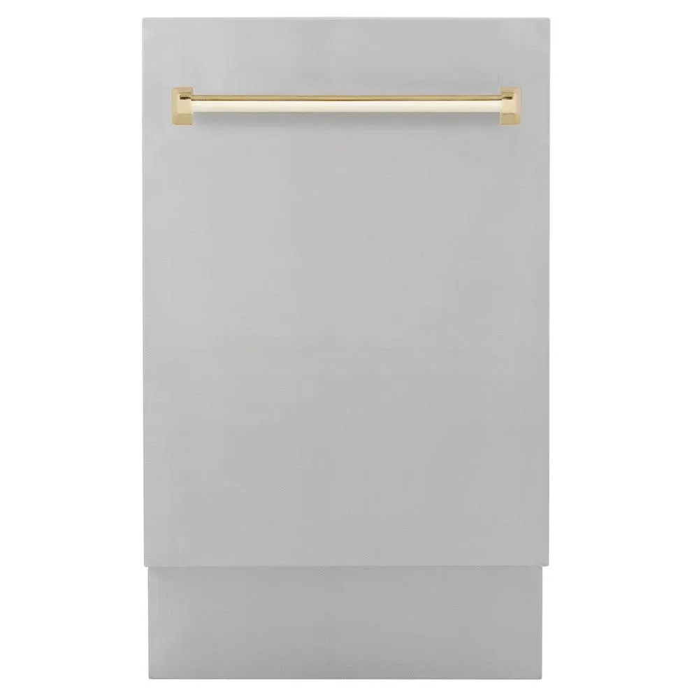 ZLINE Autograph Edition 18 in. Tallac Series 3rd Rack Top Control Built-In Dishwasher in Stainless Steel with Polished Gold Handle, 51dBa (DWVZ-304-18-G)
