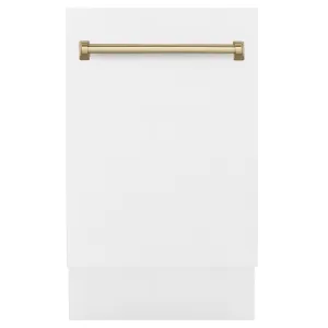 ZLINE Autograph Edition 18 in. Tallac Series 3rd Rack Top Control Built-In Dishwasher in White Matte with Champagne Bronze Handle, 51dBa (DWVZ-WM-18-CB)