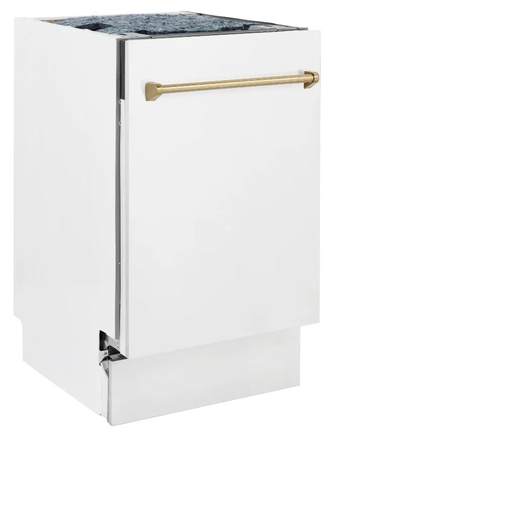 ZLINE Autograph Edition 18 in. Tallac Series 3rd Rack Top Control Built-In Dishwasher in White Matte with Champagne Bronze Handle, 51dBa (DWVZ-WM-18-CB)