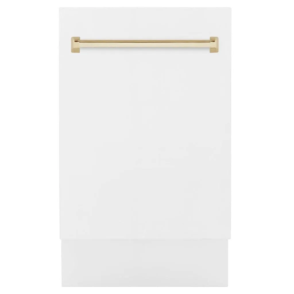 ZLINE Autograph Edition 18 in. Tallac Series 3rd Rack Top Control Built-In Dishwasher in White Matte with Polished Gold Handle, 51dBa (DWVZ-WM-18-G)