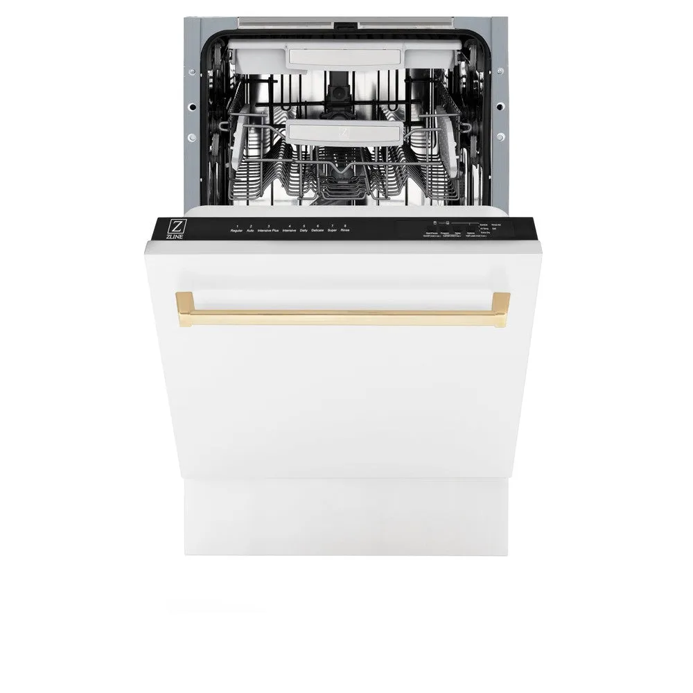 ZLINE Autograph Edition 18 in. Tallac Series 3rd Rack Top Control Built-In Dishwasher in White Matte with Polished Gold Handle, 51dBa (DWVZ-WM-18-G)