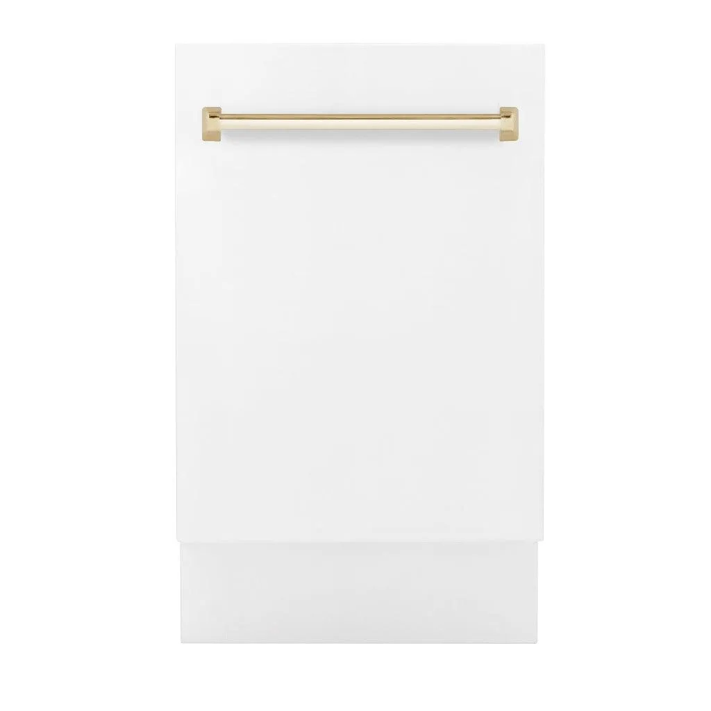 ZLINE Autograph Edition 18 in. Tallac Series 3rd Rack Top Control Built-In Dishwasher in White Matte with Polished Gold Handle, 51dBa (DWVZ-WM-18-G)