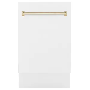 ZLINE Autograph Edition 18 in. Tallac Series 3rd Rack Top Control Built-In Dishwasher in White Matte with Polished Gold Handle, 51dBa (DWVZ-WM-18-G)