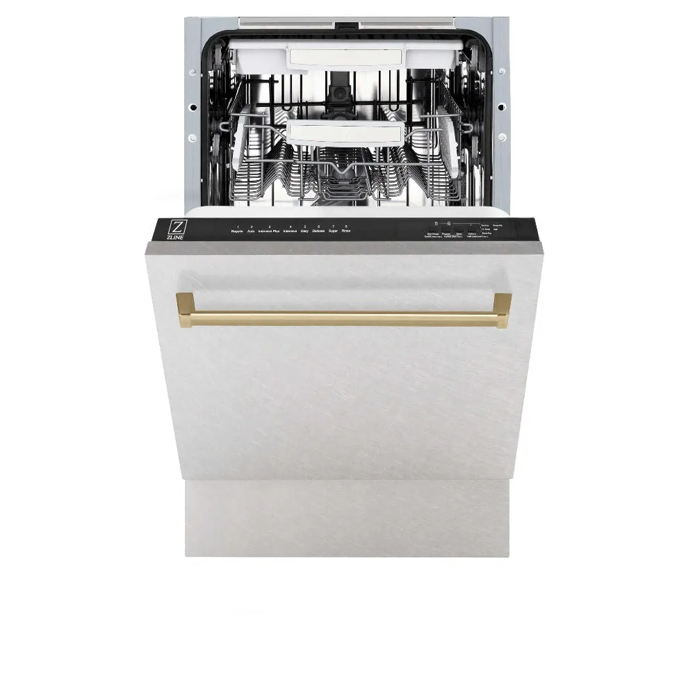 ZLINE Autograph Edition 18 in. Tallac Series 3rd Rack Top Control Built-In Dishwasher with Satin Stainless Steel Panel and Champagne Bronze Handle, 51dBa (DWVZ-SN-18-CB)
