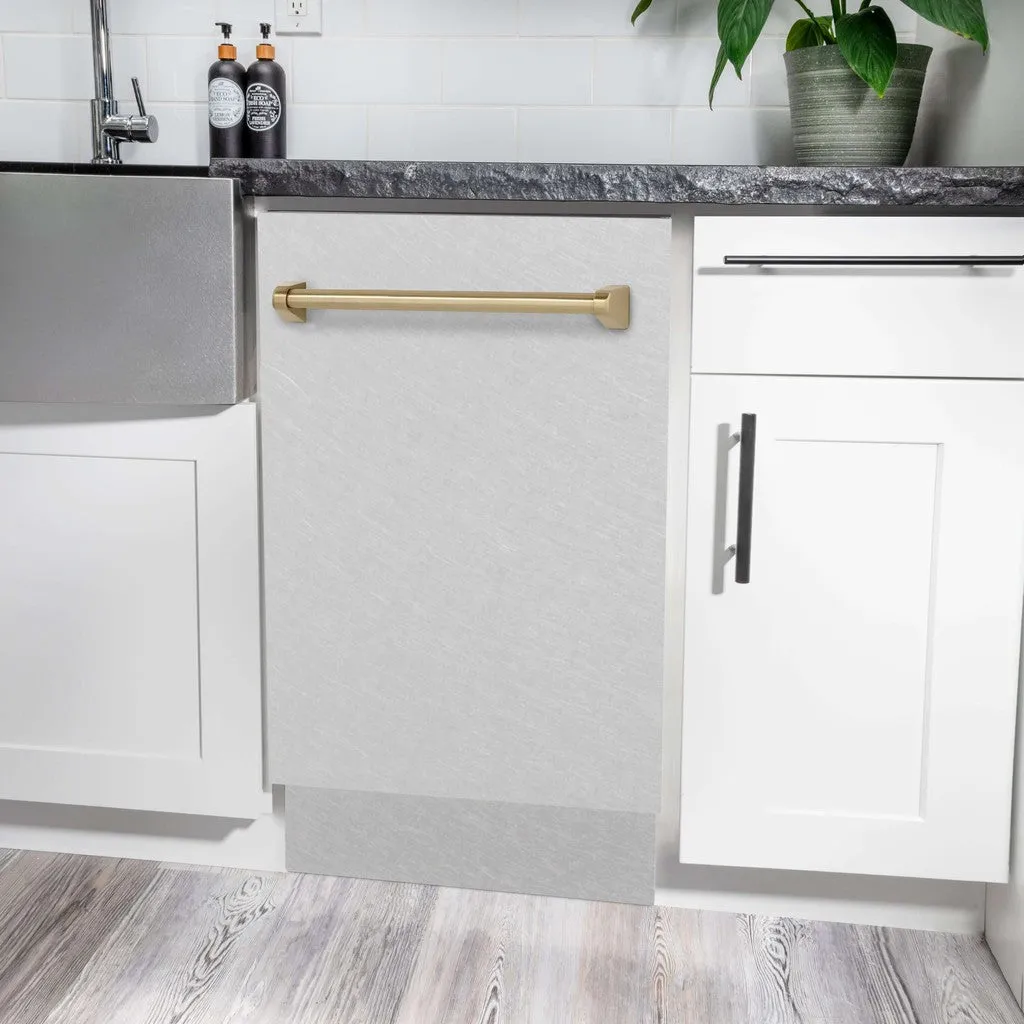 ZLINE Autograph Edition 18 in. Tallac Series 3rd Rack Top Control Built-In Dishwasher with Satin Stainless Steel Panel and Champagne Bronze Handle, 51dBa (DWVZ-SN-18-CB)