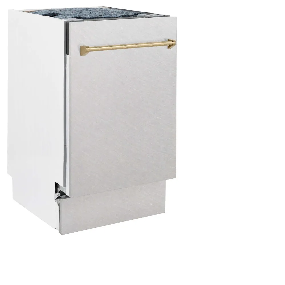 ZLINE Autograph Edition 18 in. Tallac Series 3rd Rack Top Control Built-In Dishwasher with Satin Stainless Steel Panel and Champagne Bronze Handle, 51dBa (DWVZ-SN-18-CB)