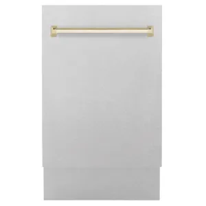 ZLINE Autograph Edition 18 in. Tallac Series 3rd Rack Top Control Built-In Dishwasher with Satin Stainless Steel Panel and Polished Gold Handle, 51dBa (DWVZ-SN-18-G)
