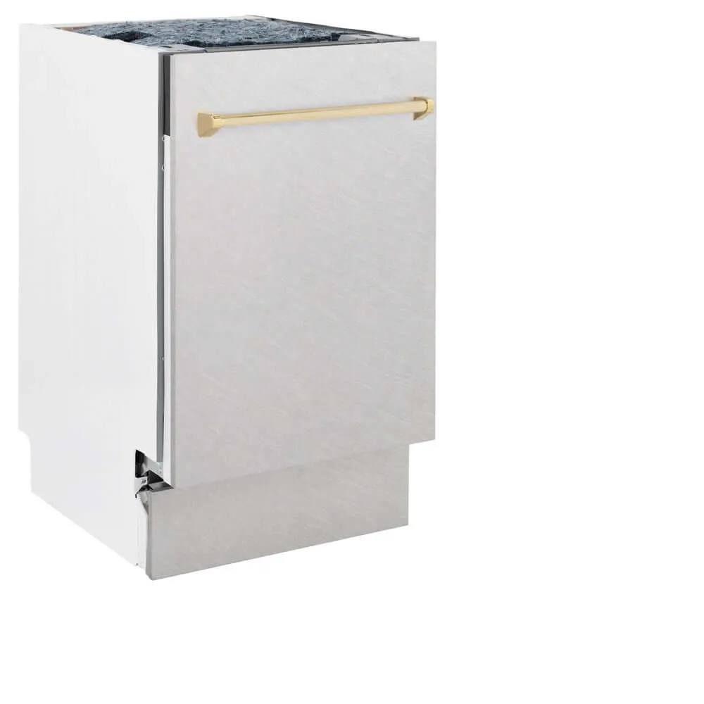 ZLINE Autograph Edition 18 in. Tallac Series 3rd Rack Top Control Built-In Dishwasher with Satin Stainless Steel Panel and Polished Gold Handle, 51dBa (DWVZ-SN-18-G)