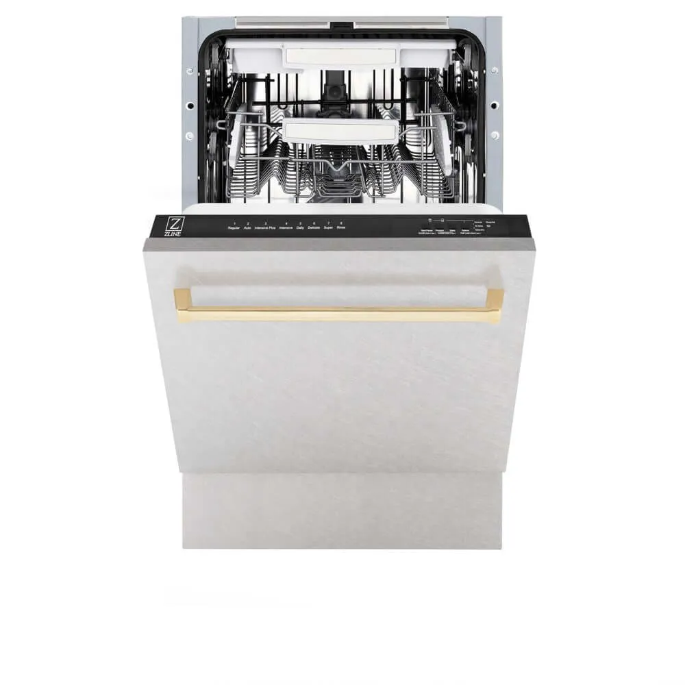 ZLINE Autograph Edition 18 in. Tallac Series 3rd Rack Top Control Built-In Dishwasher with Satin Stainless Steel Panel and Polished Gold Handle, 51dBa (DWVZ-SN-18-G)