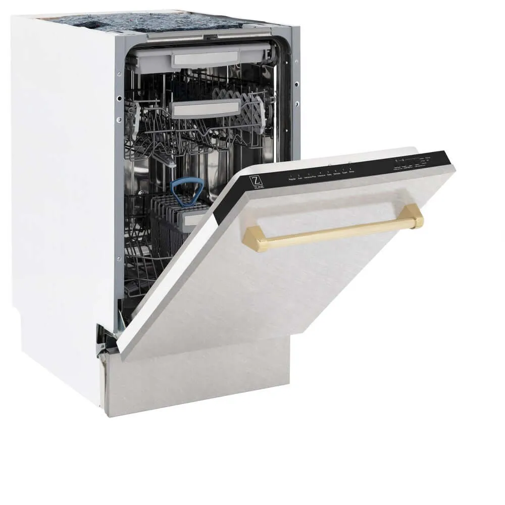 ZLINE Autograph Edition 18 in. Tallac Series 3rd Rack Top Control Built-In Dishwasher with Satin Stainless Steel Panel and Polished Gold Handle, 51dBa (DWVZ-SN-18-G)